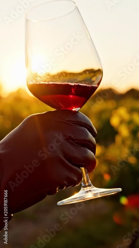 Close up glass of red wine at golden hour outdoors
