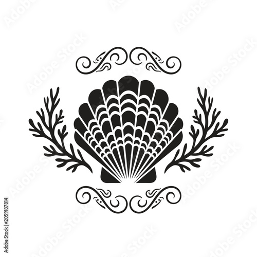 A black and white graphic illustration of a scallop shell surrounded by decorative elements.
