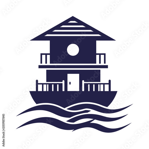 A minimalist graphic illustration of a small house on a boat with stylized waves below it.