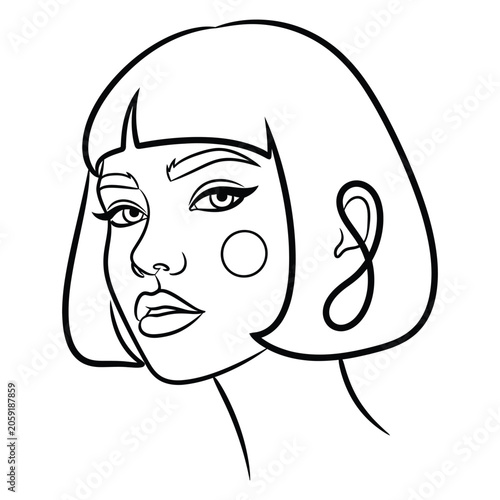 A stylized line drawing of a woman's face with short hair and bold makeup.