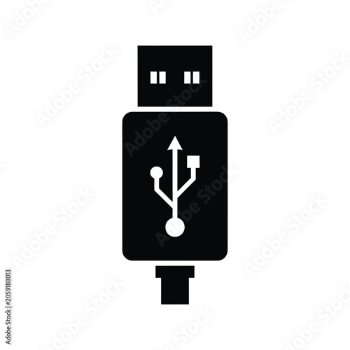 A black and white icon of a USB connector with its symbol is shown against a white background.