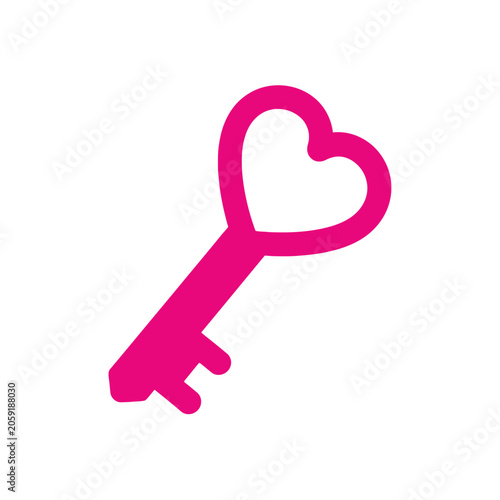 A bright pink heart-shaped key is shown against a white background.