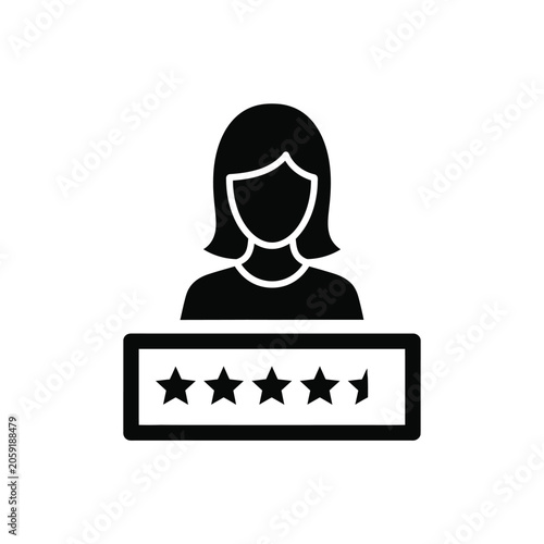 A simple icon representing a woman with a five-star rating.
