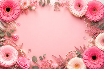 Pink gerbera and eucalyptus floral frame on pastel background