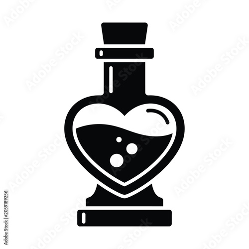A heart-shaped glass bottle with a cork stopper contains a liquid with bubbles.