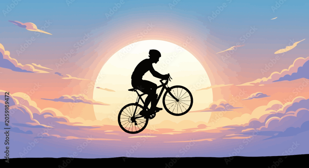 Obraz premium Silhouette of cyclist riding bicycle at sunset.