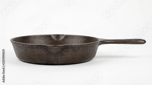 Empty cast iron skillet on a white background. Heavy metal frying pan for traditional cooking and kitchen utility. Durable cookware equipment for home culinary and restaurant meal preparation.