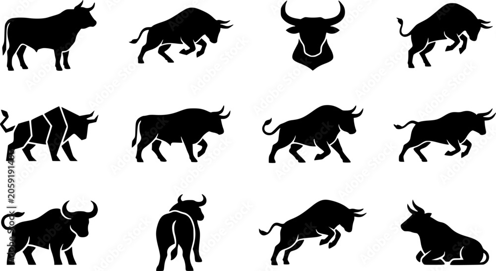 Obraz premium Bull silhouette icon set, flat black glyph style, pure white background