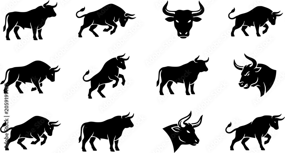 Obraz premium Bull silhouette icon set, flat black glyph style, pure white background