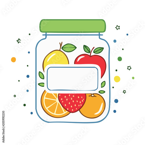 Flat design illustration of a glass jar with fresh fruits