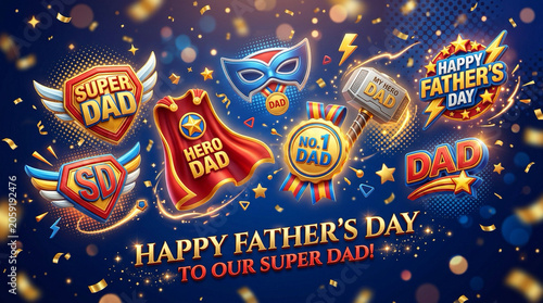 3D superhero-inspired Father’s Day icons floating across frame, festive premium composition
