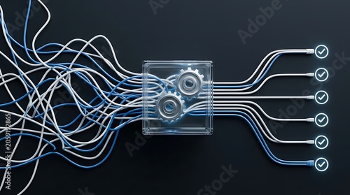 Tapety artystyczne Technology concept of simplifying chaos with tangled cables passing through a gear system to become straight organized lines with blue success checkmarks