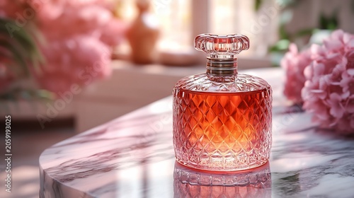 Luxurious Pink Perfume Bottle on Marble Table with Flowers