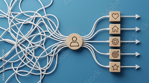 Mental wellness and life planning concept showing complex tangled wires processed into structured paths for personal goals home and career