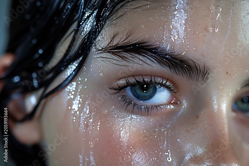 Crying Woman Face with Tears and Water Droplets Close-up