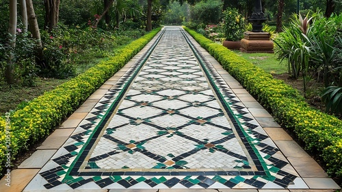 Mosaic Tile Pathway in Lush Garden