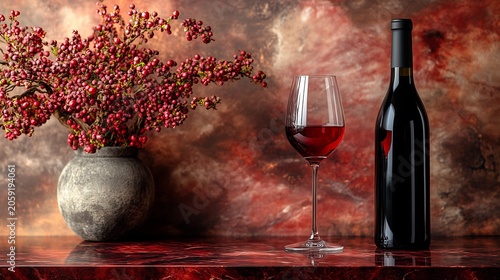 Red Wine Bottle and Glass with Berries on Table