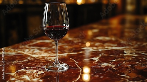 Red Wine Glass on Marble Bar Counter in Restaurant