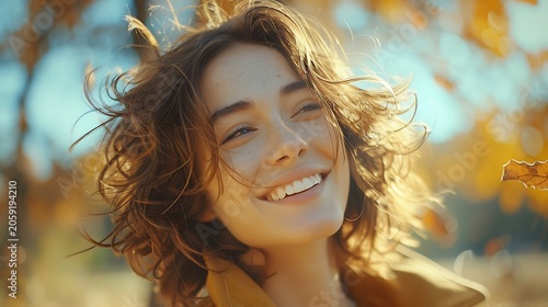 Smiling Young Woman with Windy Hair in Autumn