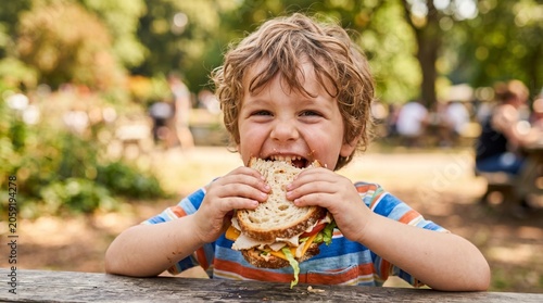 young boy eating a sanduich