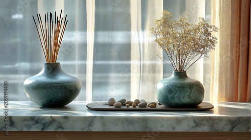 Two Green Vases with Sticks and Dried Flowers on Marble Table Window
