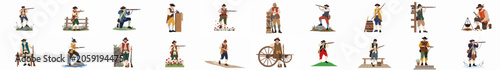 Fotografia A diverse collection of 20 flat vector illustrations featuring 18th-century colonial soldiers, hunters, and militiamen in various historical poses and settings