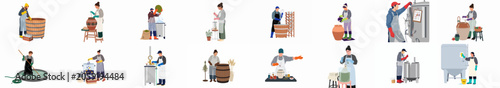 Photos Collection of diverse artisanal and industrial food production workers engaged in brewing, fermenting, and traditional processing methods on a white background