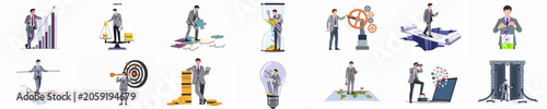 Photos Set of business concept illustrations featuring a businessman managing growth, risk, strategy, innovation, time, and global expansion across various metaphorical professional scenarios