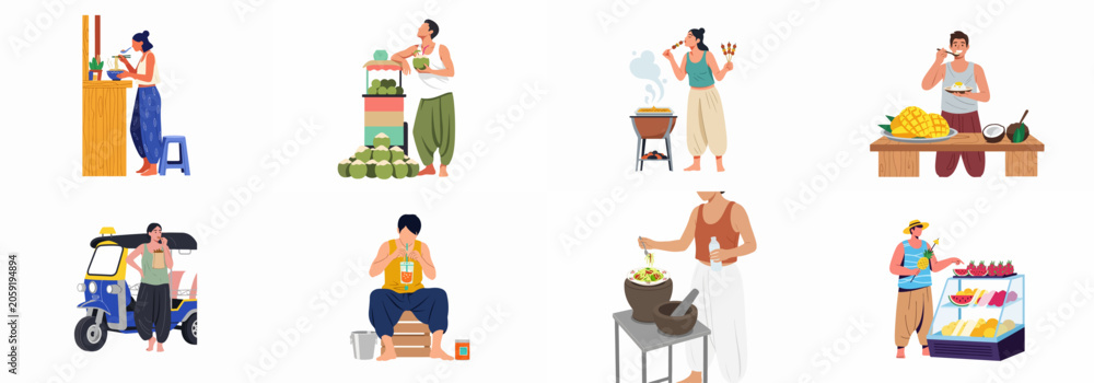 Fototapeta premium A collection of colorful flat illustrations depicting tourists and locals enjoying various Southeast Asian street foods, snacks, and refreshing tropical drinks.