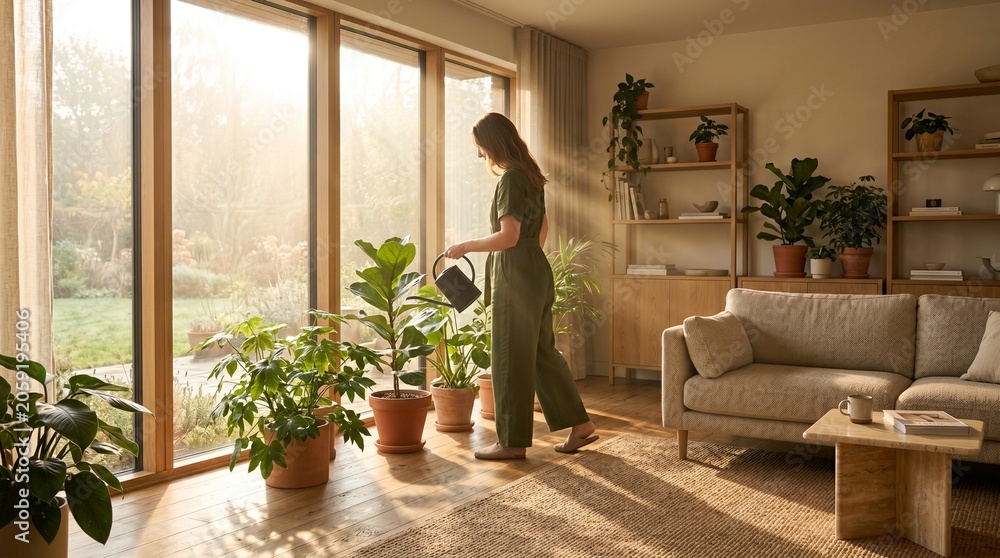 Fototapeta premium Circadian living room dawn plant care with warm sun and natural layers