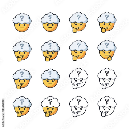 Collection of puzzled cartoon faces with question marks.