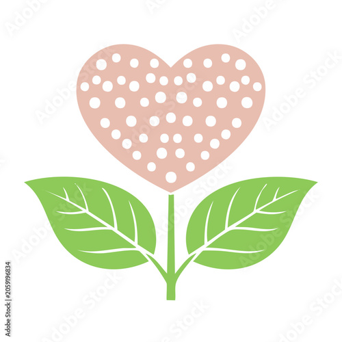 Pink polka dot heart with green leaves icon