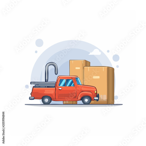 Red delivery truck with cardboard boxes in flat design