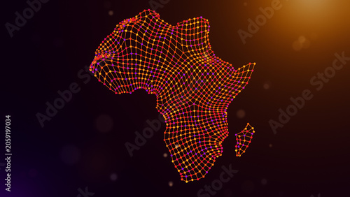 Africa continent map visualized as a flowing network of interconnected nodes and lines with glowing purple and orange bokeh lights, symbolizing digital transformation and connectivity.