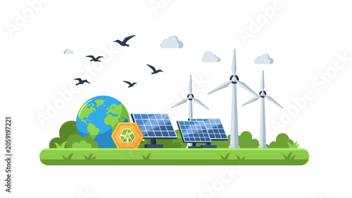Renewable Energy and Sustainability Vector with Solar Panels and Wind Turbines
