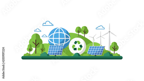 Renewable Energy and Environmental Conservation Vector with Solar Panels, Wind Turbines, and Earth Globe for Sustainable Ecology Concepts