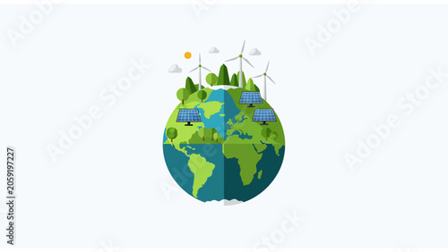 Green Earth Concept with Solar Panels, Wind Turbines and Trees - Renewable Energy and Environmental Sustainability Vector Illustration