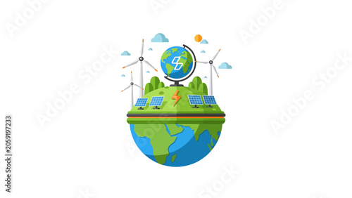 Renewable Energy Concept Illustration with Earth, Wind Turbines, and Solar Panels