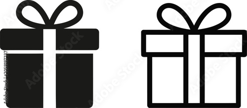 Wrapped gift box present icons in solid and line art style with celebration