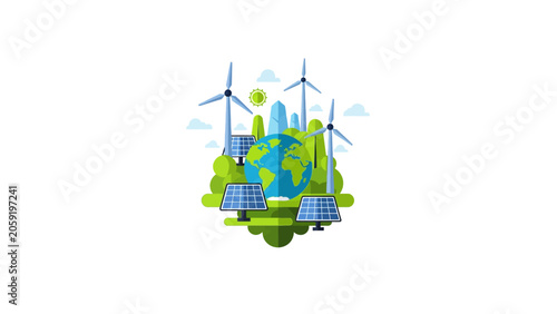 Renewable Energy and Ecology Concept Illustration with Globe, Solar Panels, and Wind Turbines