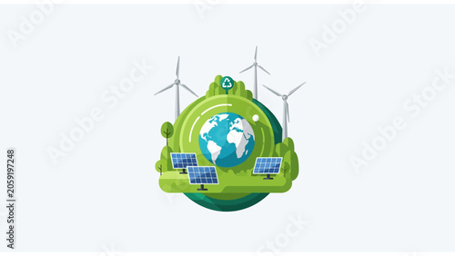 Green Energy Sustainable Earth Illustration with Solar Panels and Wind Turbines