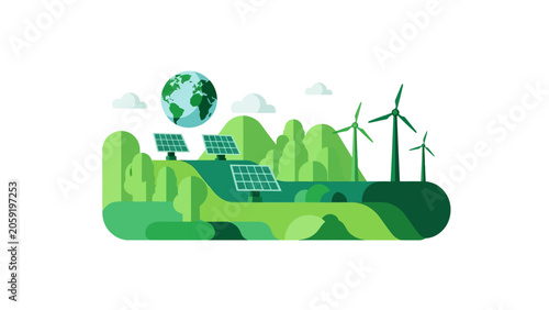 Sustainable Green Energy Vector Illustration with Solar Panels, Wind Turbines, and Earth Globe