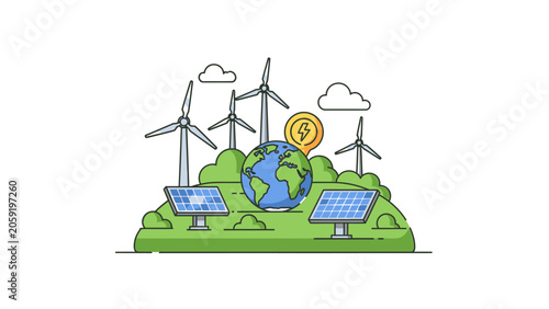 Sustainable energy concept illustration with wind turbines, solar panels, and Earth globe on white background.