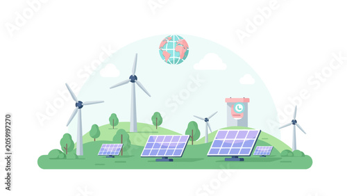 Renewable Energy Landscape Illustration with Solar Panels, Wind Turbines, and Earth Globe for Sustainability Concepts