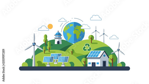 Sustainable Green Energy Landscape with Wind Turbines, Solar Panels, and Earth Globe Illustration