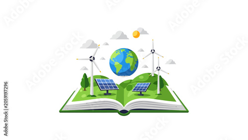 Sustainable Energy Education Concept: Open Book with Solar Panels, Wind Turbines, and Earth Globe Vector Illustration