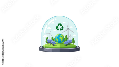 Sustainability Concept with Solar Panels, Wind Turbines, and Earth Globe under Glass Dome
