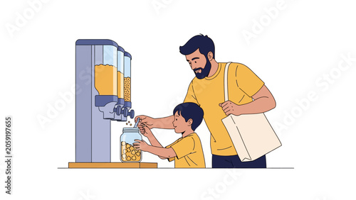 Father and Son Shopping at Zero Waste Store Using Bulk Dispenser and Reusable Bag for Sustainable Living Illustration