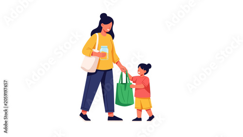 Mother and daughter using reusable bags and glass jar for zero waste shopping