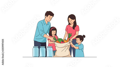 Happy Family Packing Fresh Organic Vegetables into Reusable Bag for Zero Waste Lifestyle Illustration